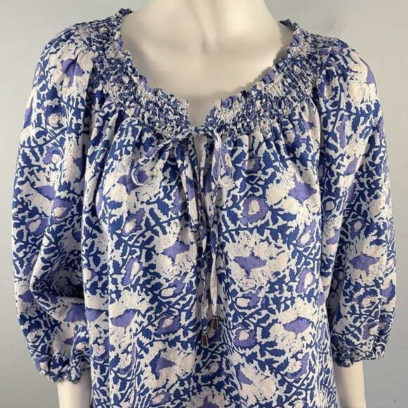 C & C California Linen Blend Top Blue Floral Peasant Blouse Shirt Size Large - Picture 3 of 13